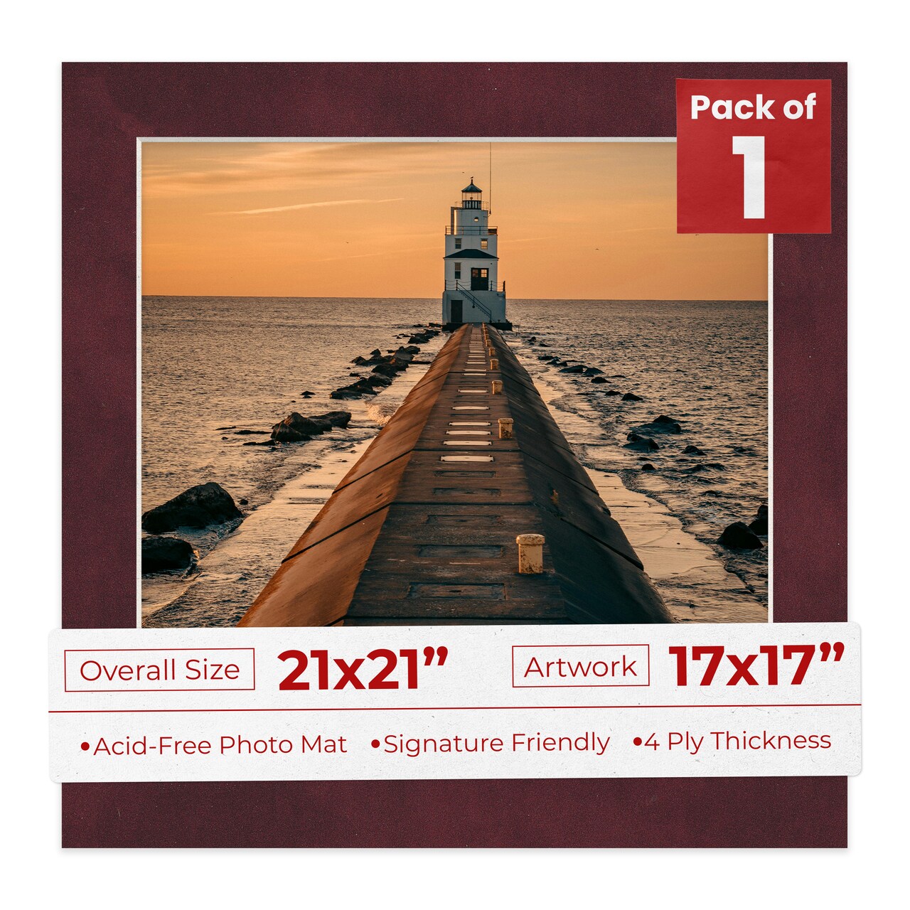 Dark Red Suede Mat Board for 21x21 Frames - Fits 17x17 Photos